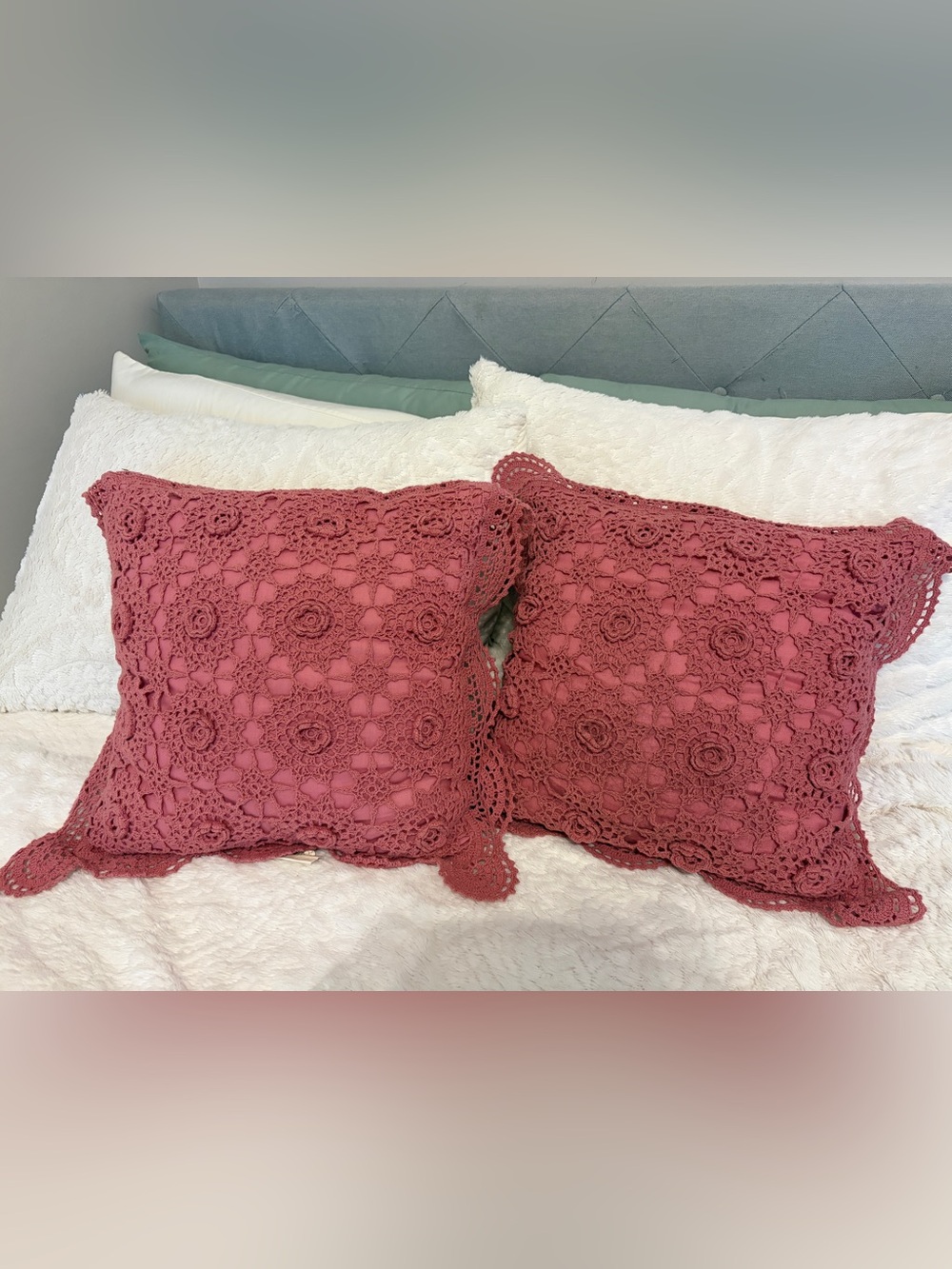 Crochet Rose Lace Throw Pillows 14x14 Dusty Pink Set of 2